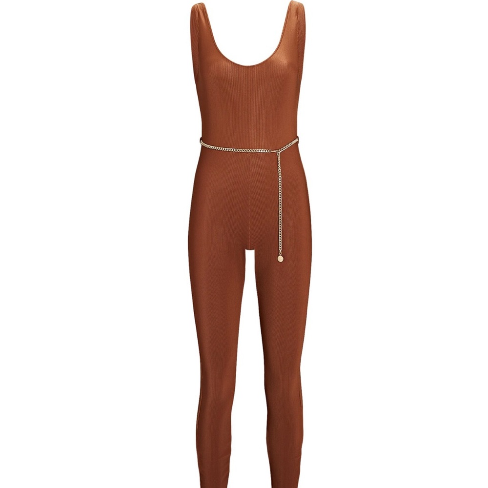Never Worn WeWoreWhat Belted Scoop Rib Knot Jumpsuit Brown